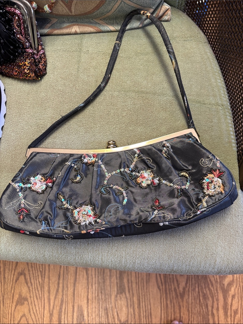 Cato Black Satin Embroidered Evening Clutch with Beadwork